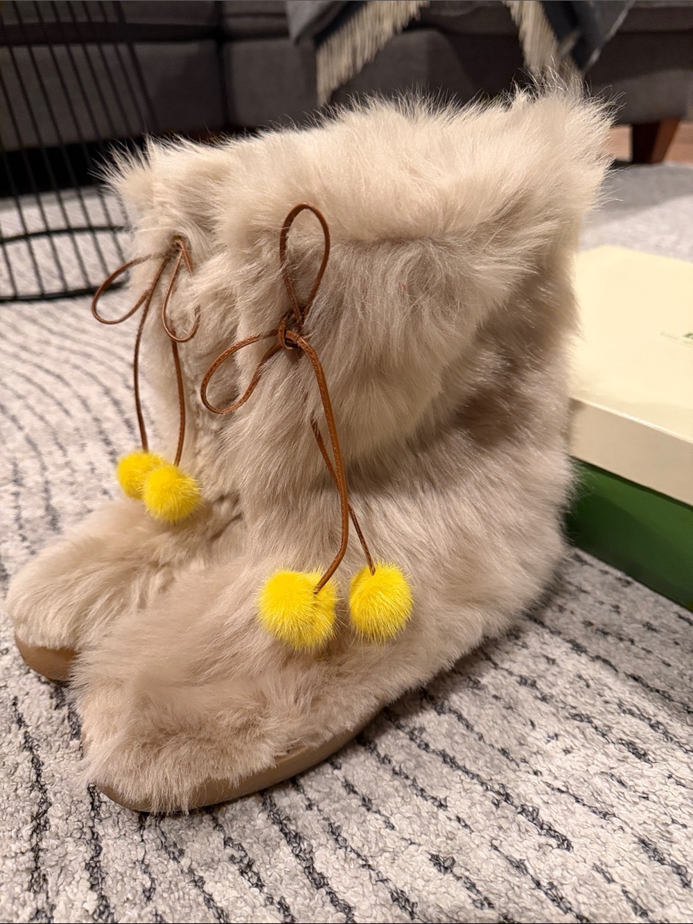 kate spade Beige Faux-Fur Ankle Boots with Yellow Pom-Poms size 7 - Picture 2 of 10
